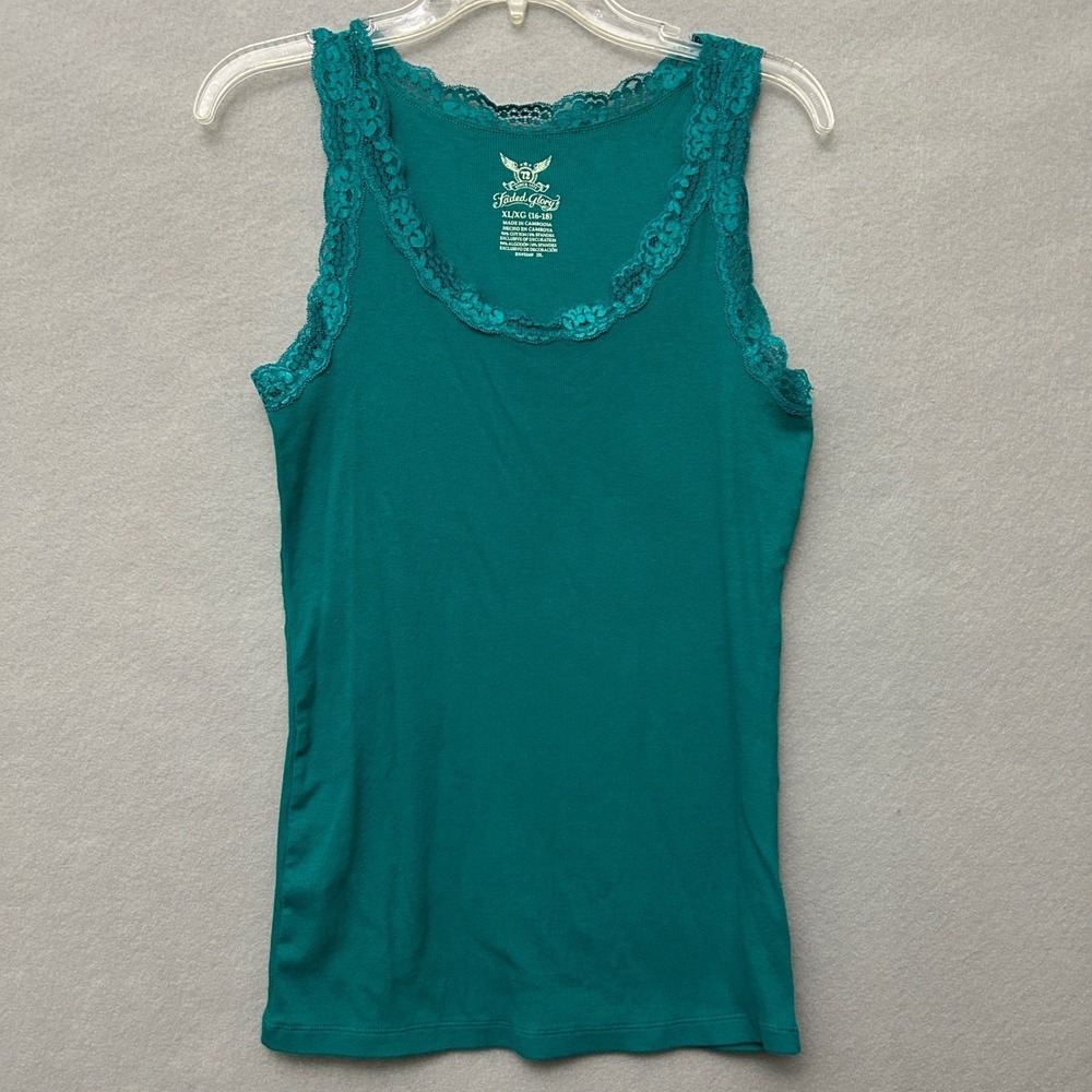 Faded Glory Women XL Tank Top Teal Blue Rib Knit Lace Trim Y2K Preppy